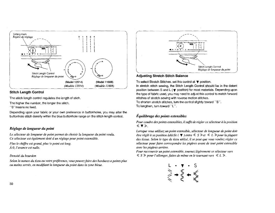 Kenmore Sewing Machine manual Stitch Length Control, Rdglage de longueur du point, Adjusting Stretch Stitch Balance 