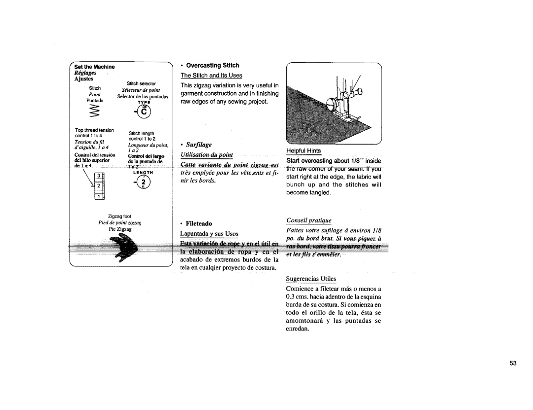 Kenmore Sewing Machine manual Commtdel te.si6n Controlaettargo, Fileteado, Po. du Bord, Overcasting Stitch 