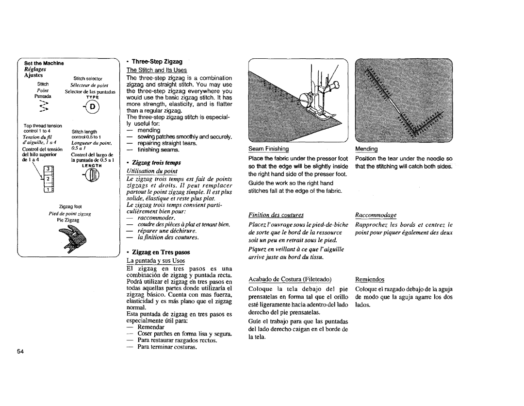 Kenmore Sewing Machine manual Zigzag en Tres pasos, La puntada y sus Uses El zigzag en tres pasos es una, Seam Finishing 