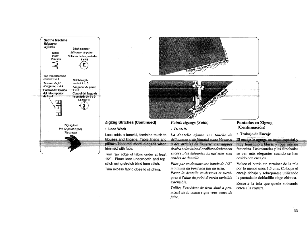 Kenmore Sewing Machine manual Points zigzags Suite, Puntadas en Zigzag, Lace Work, Dentelle 