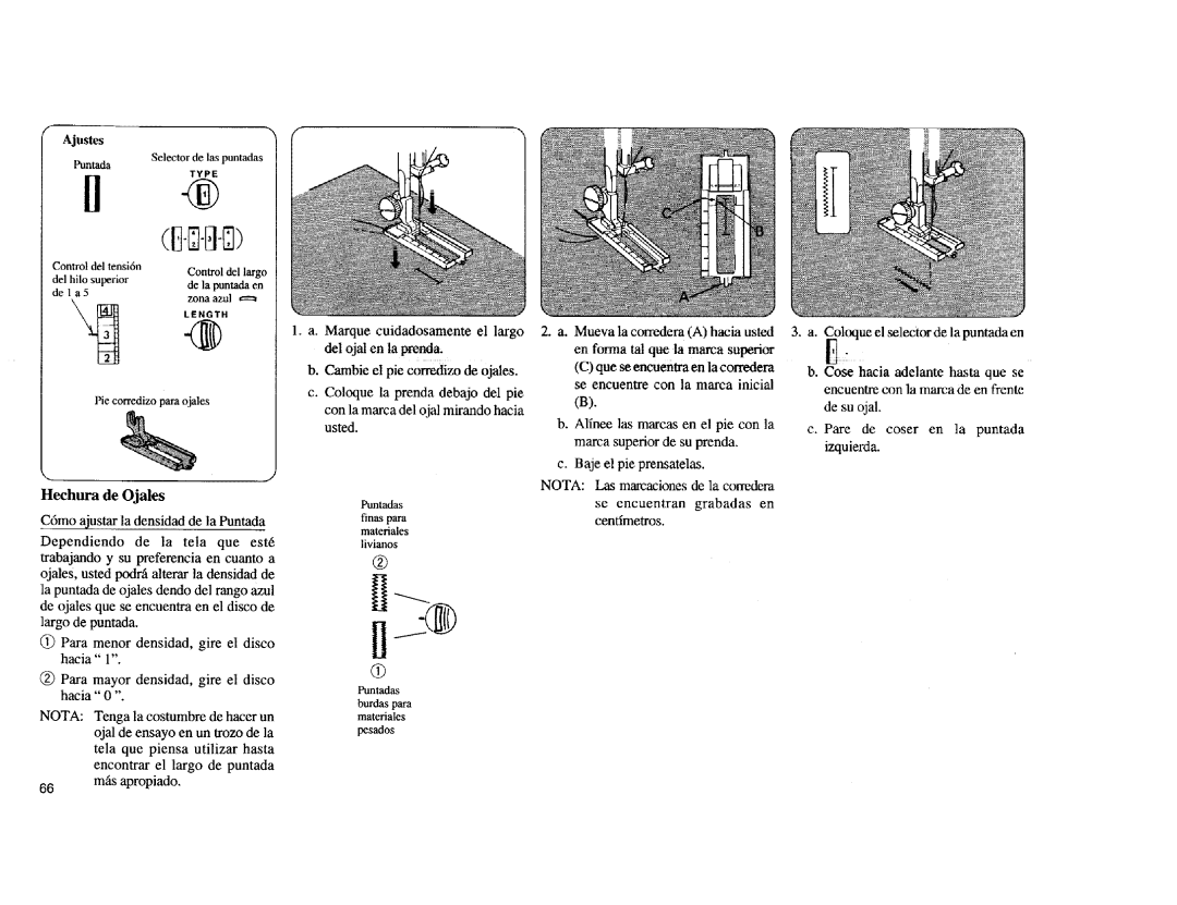 Kenmore Sewing Machine manual Hechura de Ojales, Ajustes Puntada 