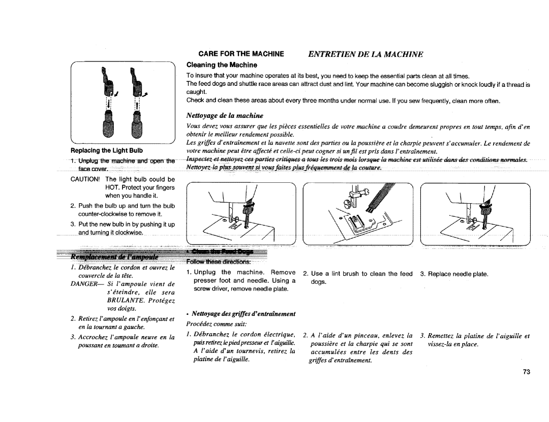 Kenmore Sewing Machine manual Replacing Light Bulb Unplug th =rid open, Nettoyage de la machine 