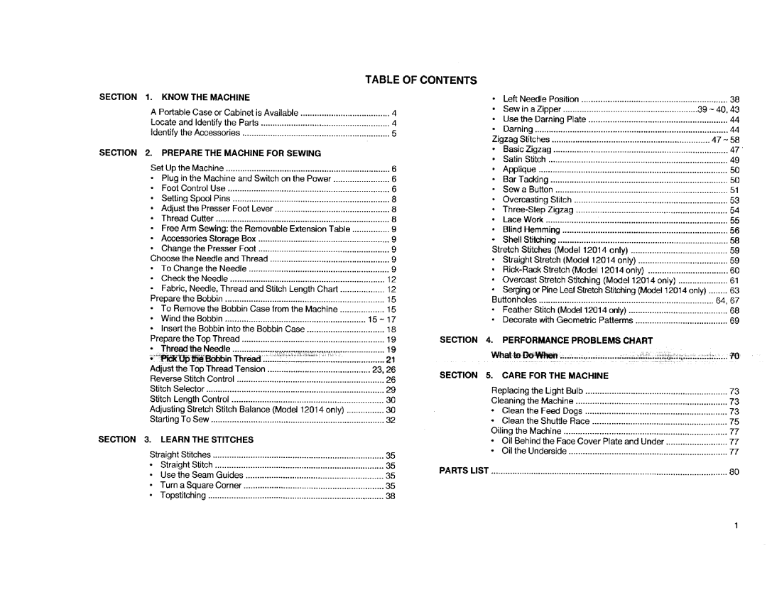 Kenmore Sewing Machine manual Table of Contents 