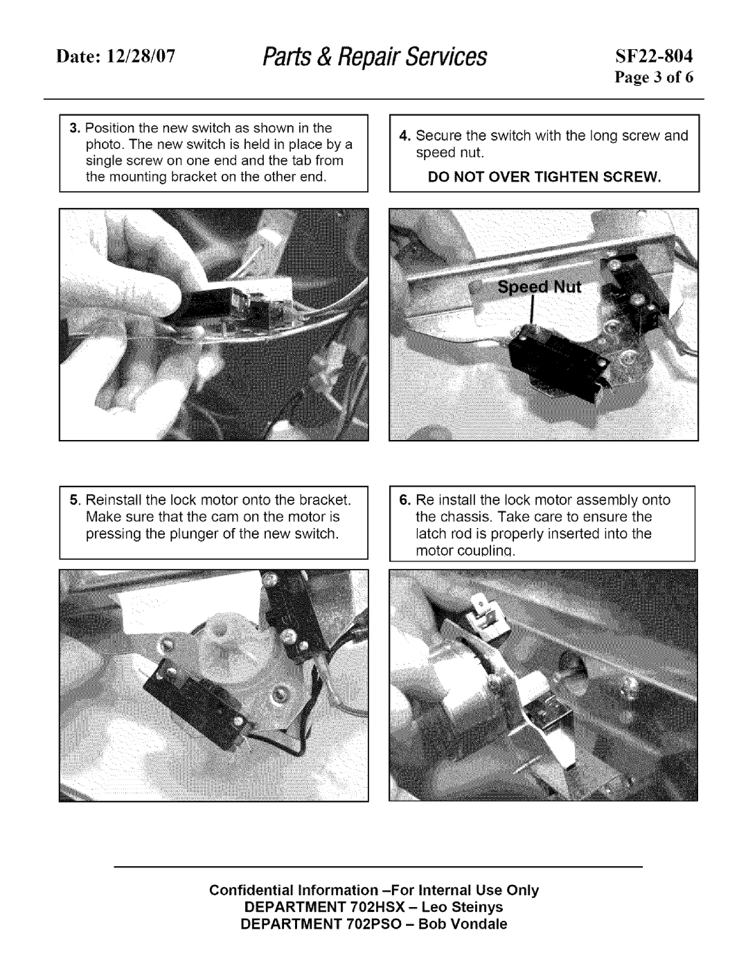 Kenmore SF22-804 instruction sheet Do not Over Tighten Screw 