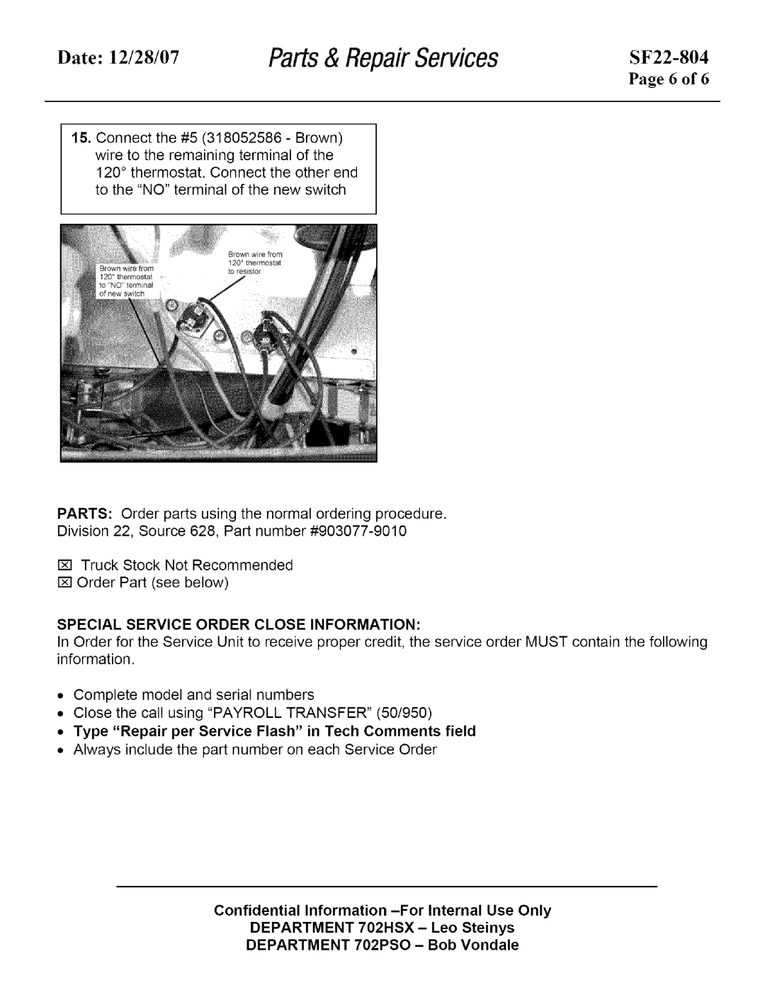 Kenmore SF22-804 instruction sheet Special Service Order Close Information 