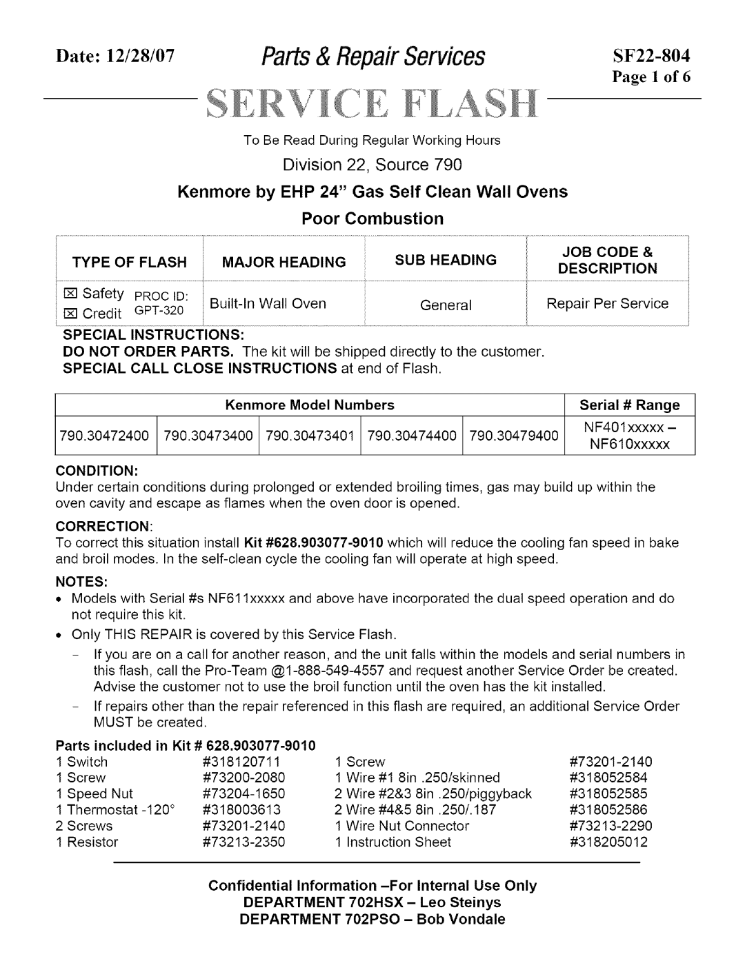 Kenmore SF22-804 instruction sheet Parts& RepairServices, Date 12/28/07, Confidential Information -ForInternal Use Only 