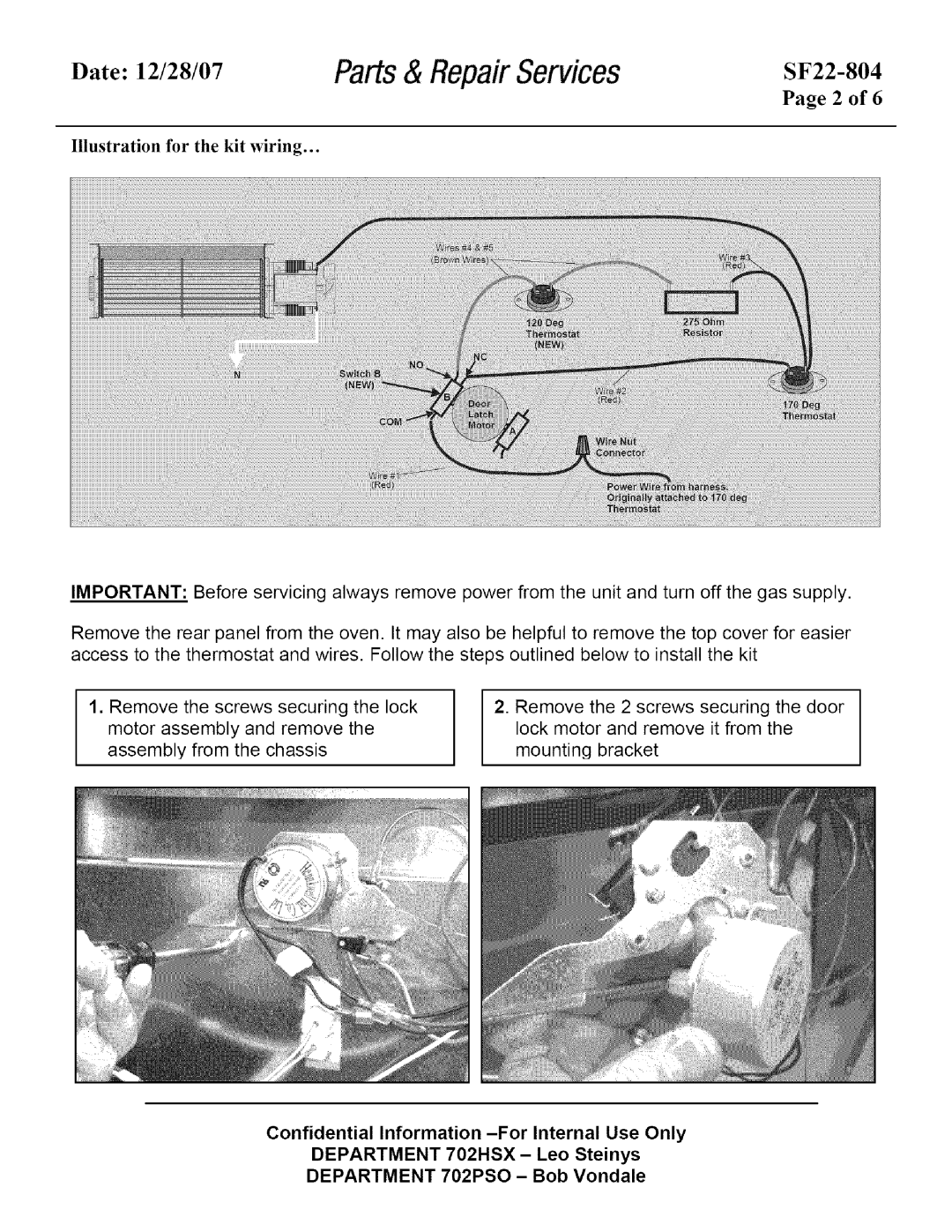 Kenmore SF22-804 instruction sheet Parts& RepaLrServices, Illustration for the kit wiring, Page 2 of, Date 12/28/07 