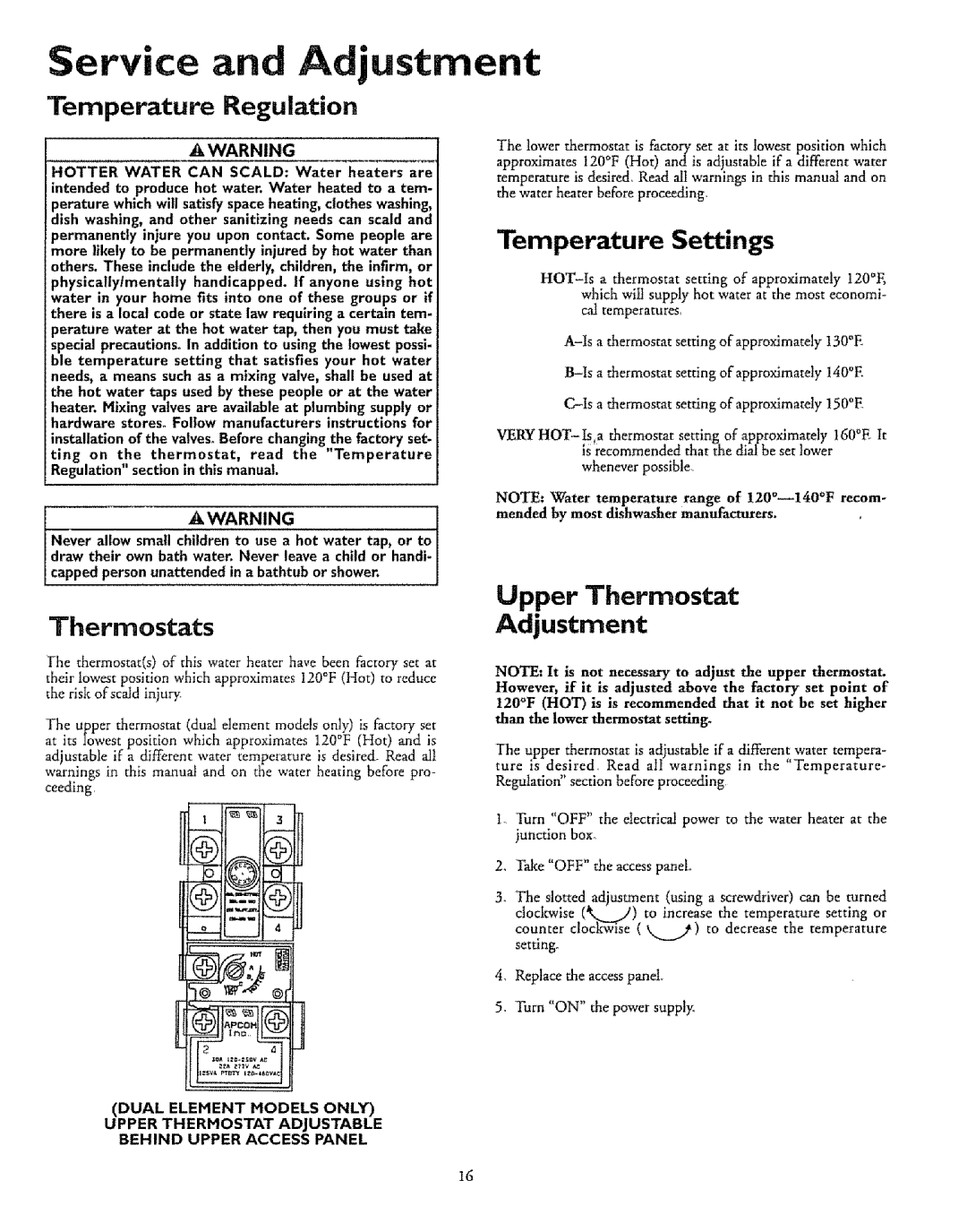 Kenmore 153O327165_' 30 GAT Service and Adjustment, ThermostatsAdjustment, Temperature Regulation, Temperature Settings 