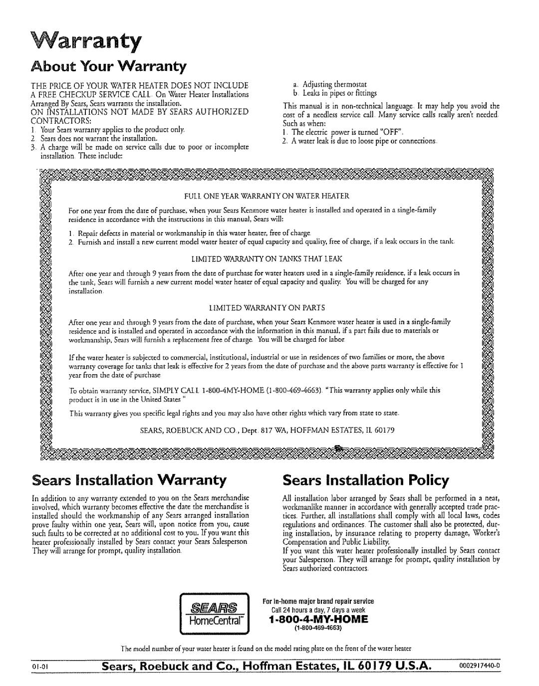 Kenmore 327266_J 40 GAI SHORT About Your Warranty, Sears Installation Policy, HomeCentral, ol.0, 000=9,7440-0 