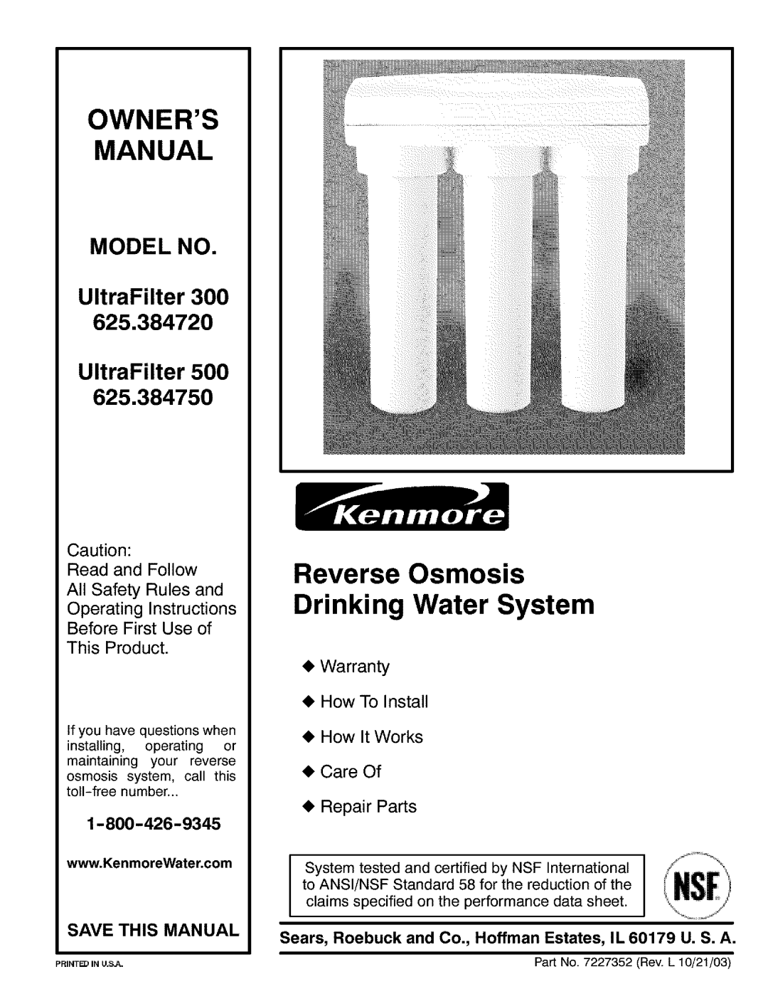 Kenmore ULTRAFILTER 300 625.384720, ULTRAFILTER 500 manual Owners Manual, Model no 