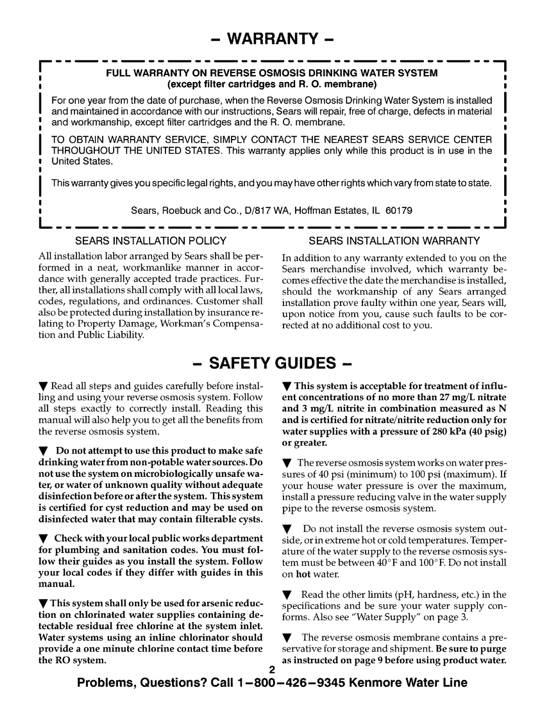 Kenmore ULTRAFILTER 500 manual Safety Guides, Sears Installation Policy, Sears Installation Warranty 