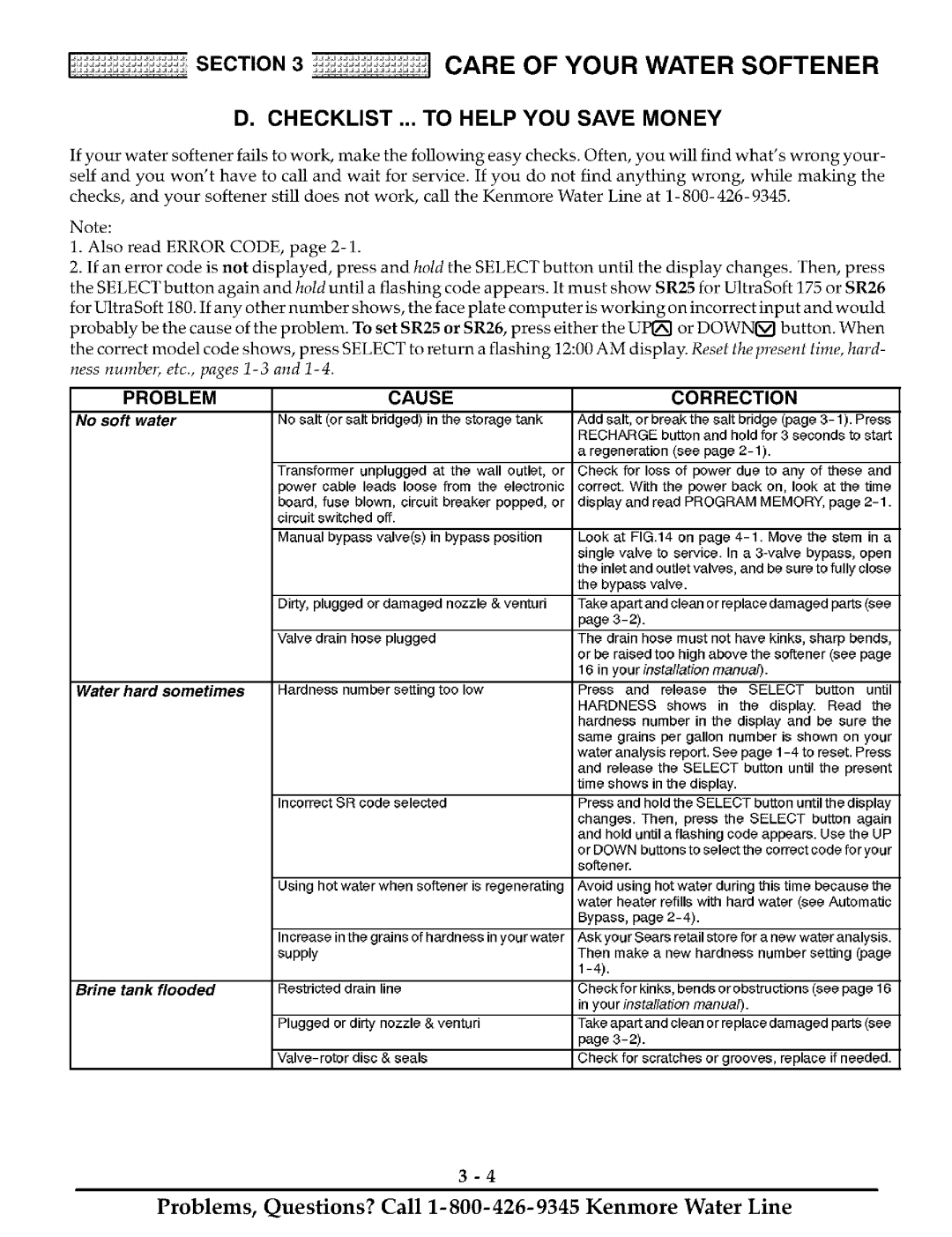 Kenmore ULTRASOFT 180 625.388180, ULTRASOFT 175 625.388170 Checklist ... to Help YOU Save Money, Problem Cause Correction 