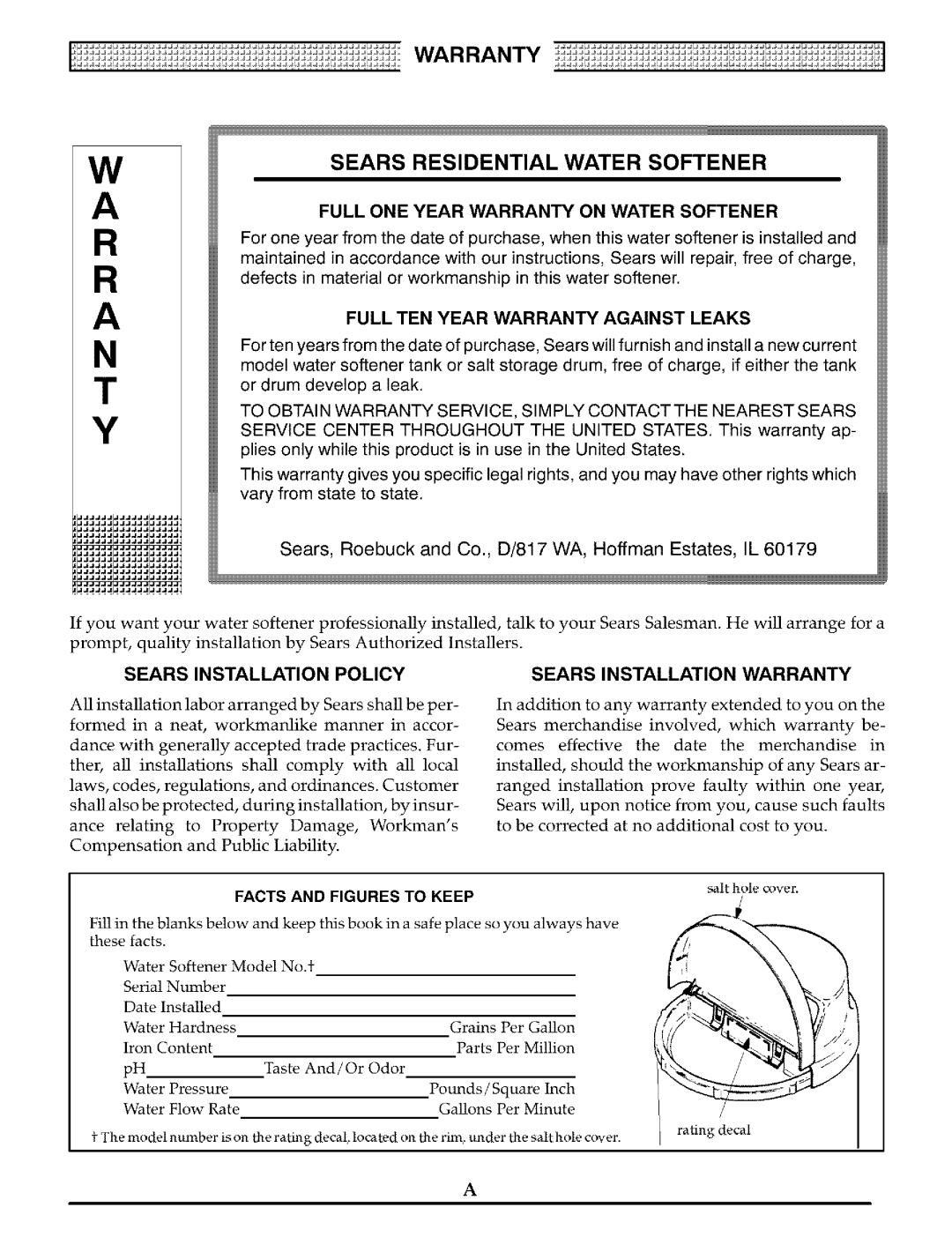 Kenmore ULTRASOFT 175 625.388170 Warranty Sears Residential Water Softener, Full ONE Year Warranty on Water Softener 