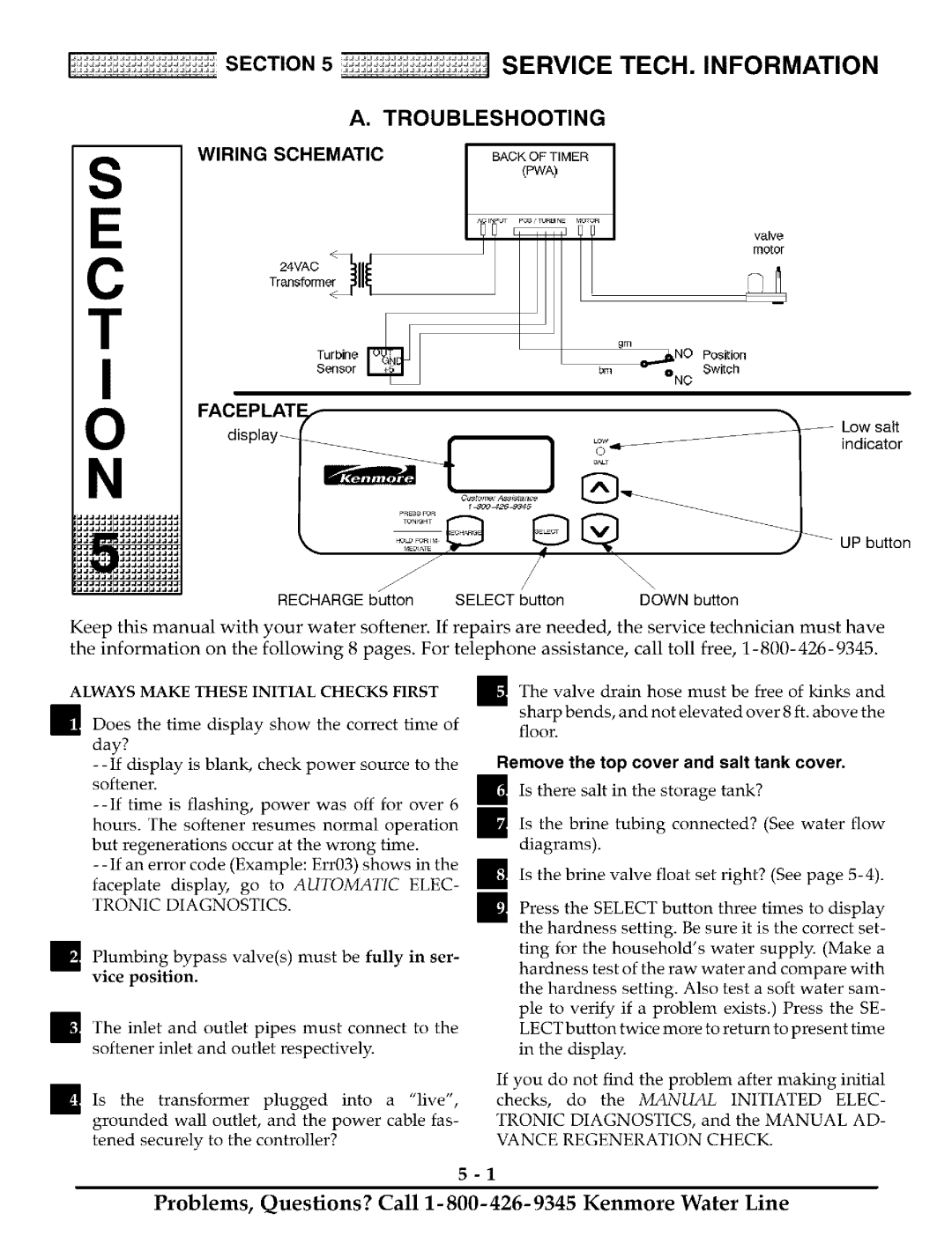 Kenmore ULTRASOFT 175 625.388170 owner manual Service TECH. Information, Troubleshooting, Wiring Schematic, Faceplate 