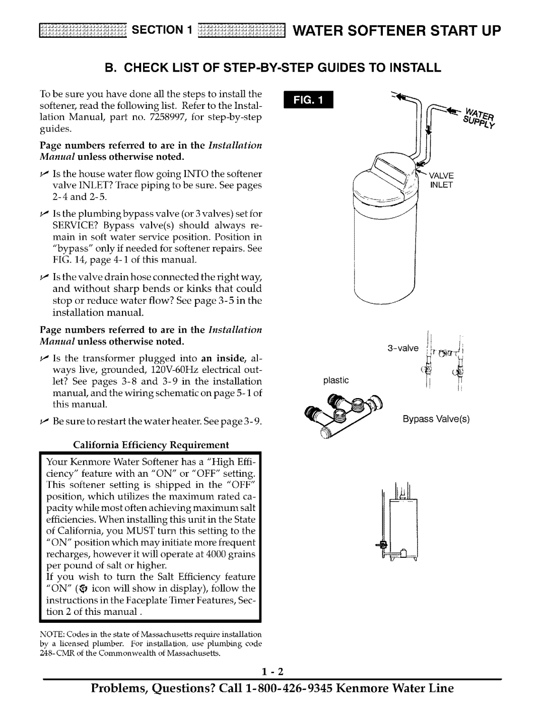 Kenmore ULTRASOFT 180 625.388180 Check List of STEP-BY-STEP Guides to Install, California Efficiency Requirement 