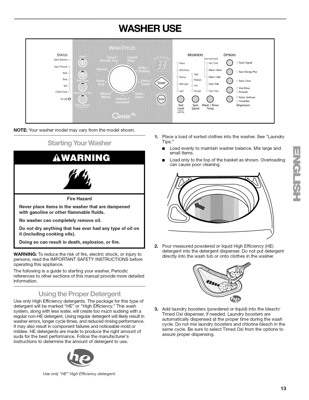 Kenmore W10026626B manual Washer USE, Fire Hazard 