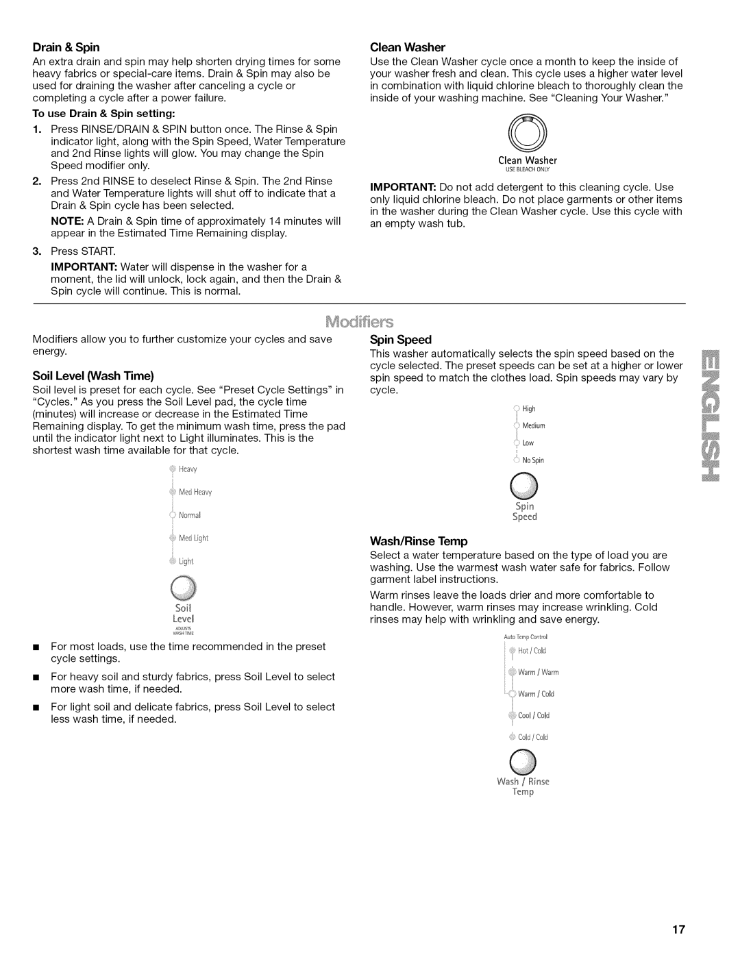 Kenmore W10026626B manual Drain & Spin, Soil Level Wash Time 