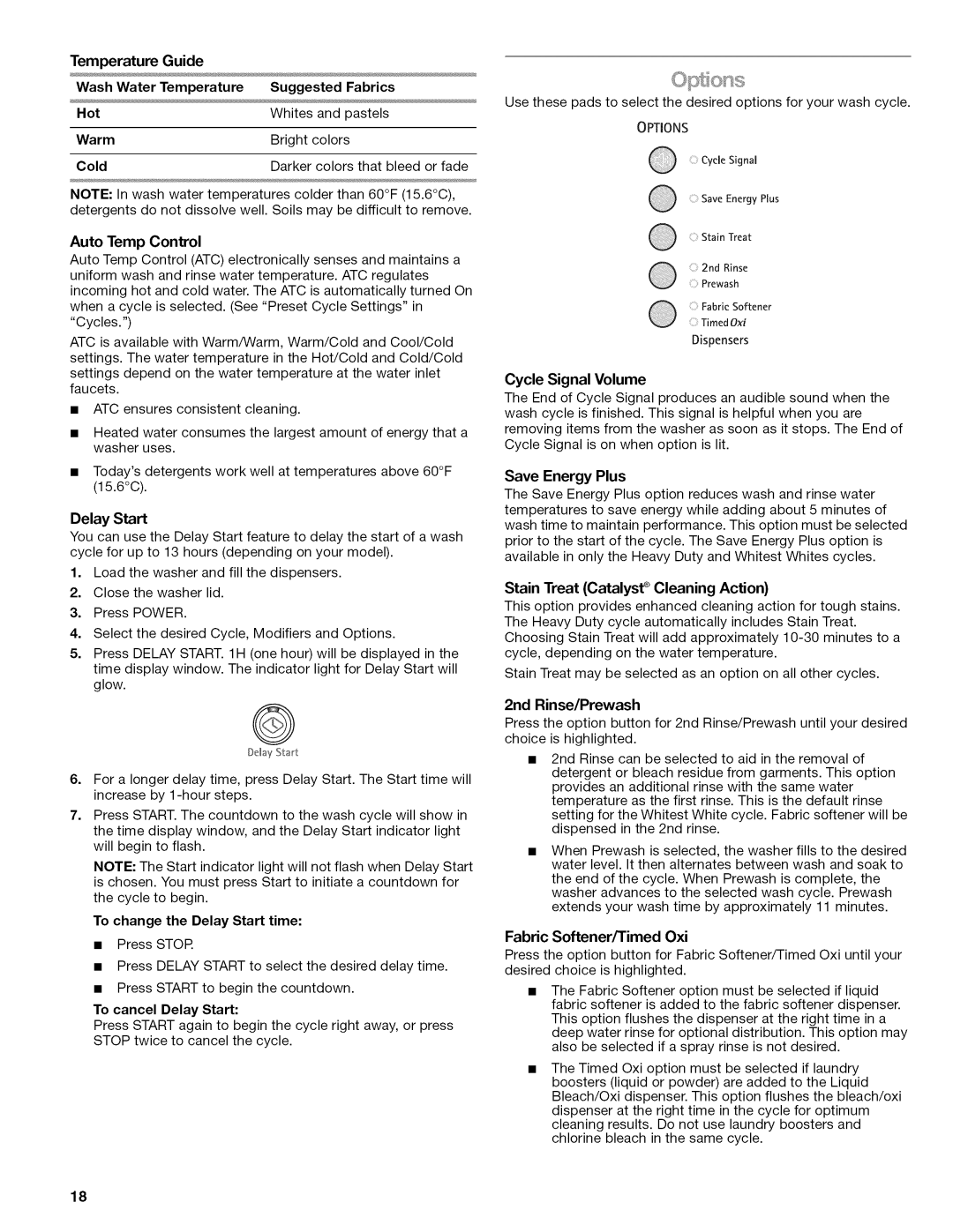 Kenmore W10026626B To cancel Delay Start, Cycle Signal Volume, Save Energy Plus, Stain Treat Catalyst Cleaning Action 