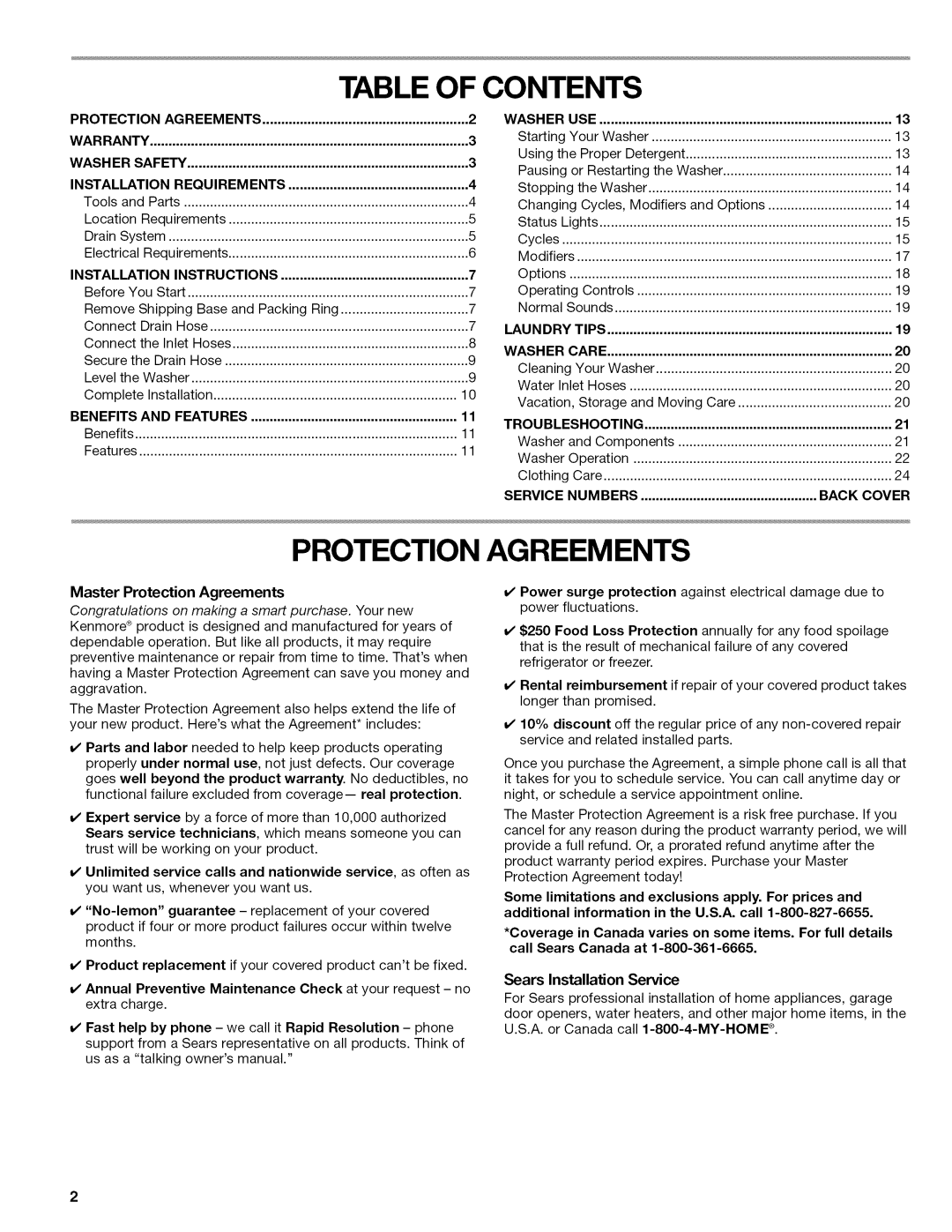 Kenmore W10026626B manual Table of Contents, Protection Agreements 