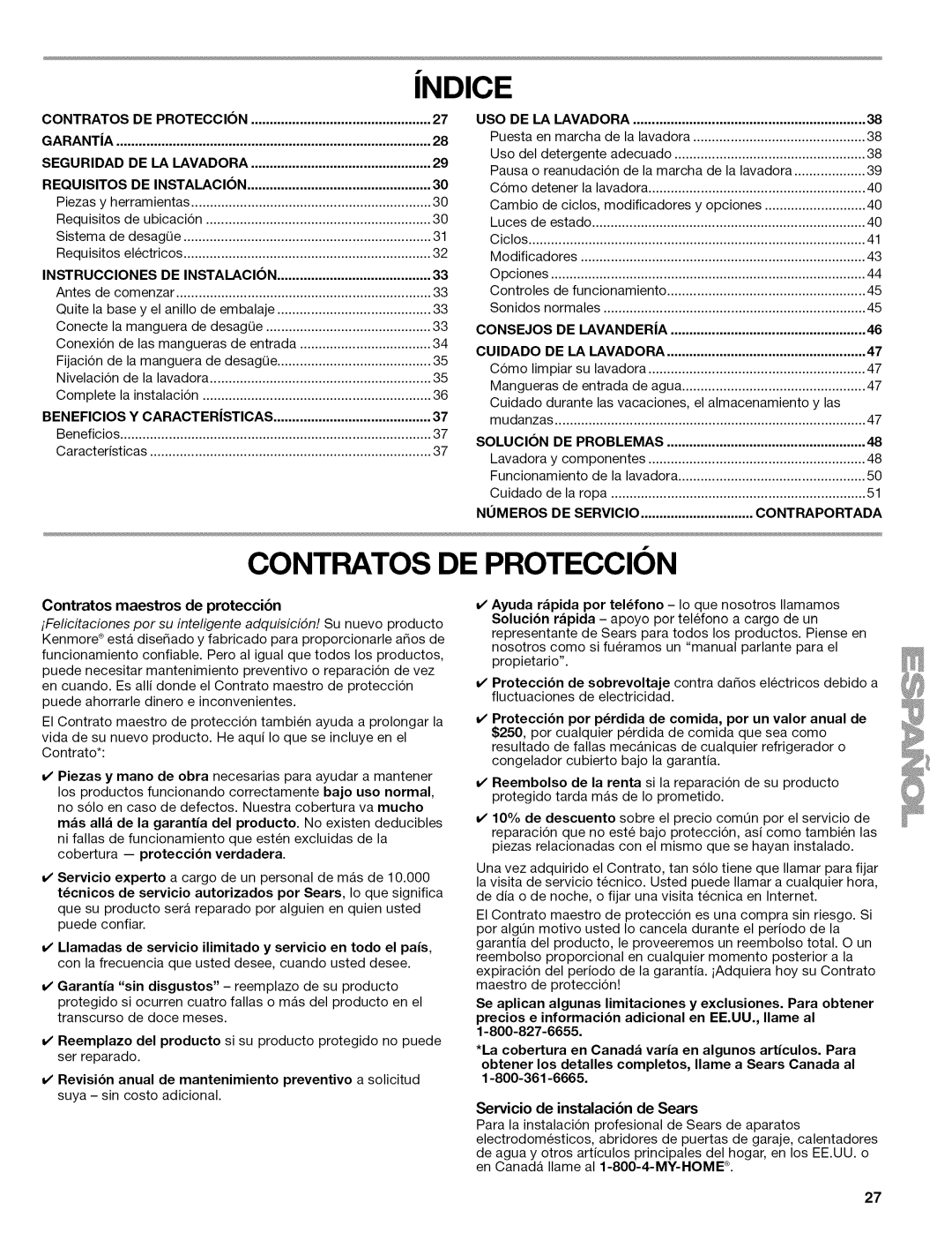 Kenmore W10026626B manual Ndice, Contratos DE Proteccion 