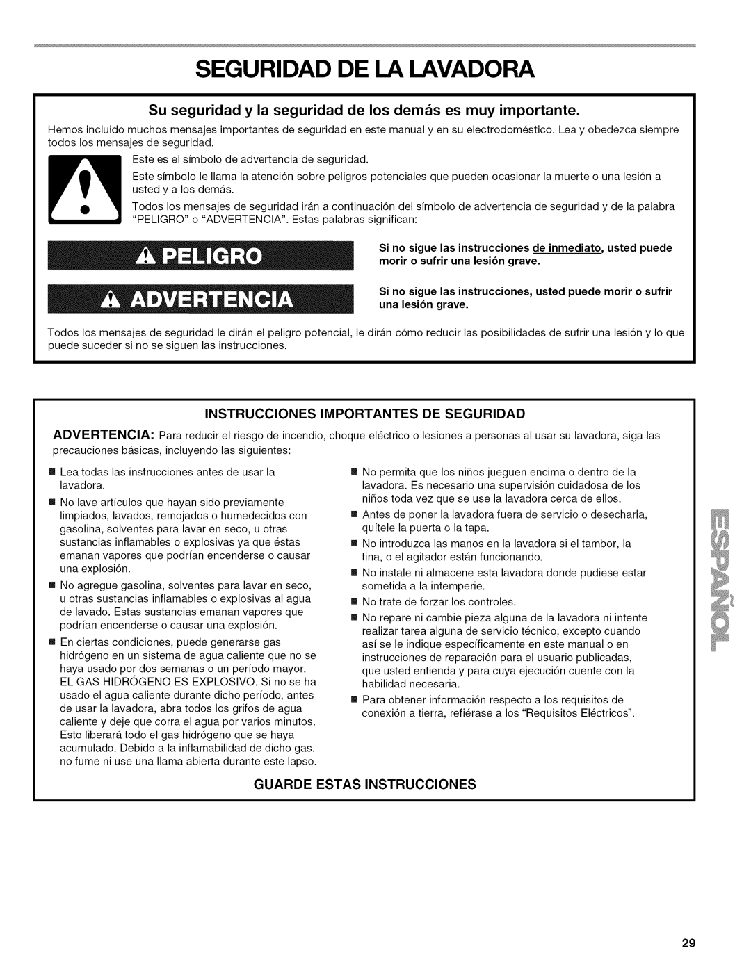 Kenmore W10026626B manual Seguridad DE LA Lavadora, EL GAS Hidrogeno 