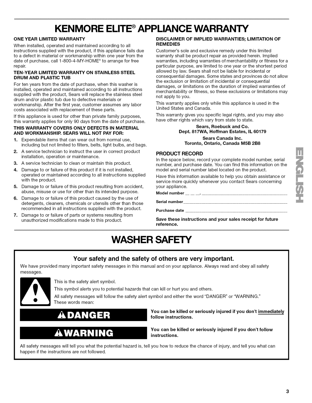 Kenmore W10026626B manual Washer Safety, Kenmore Elite Appliance Warranty 