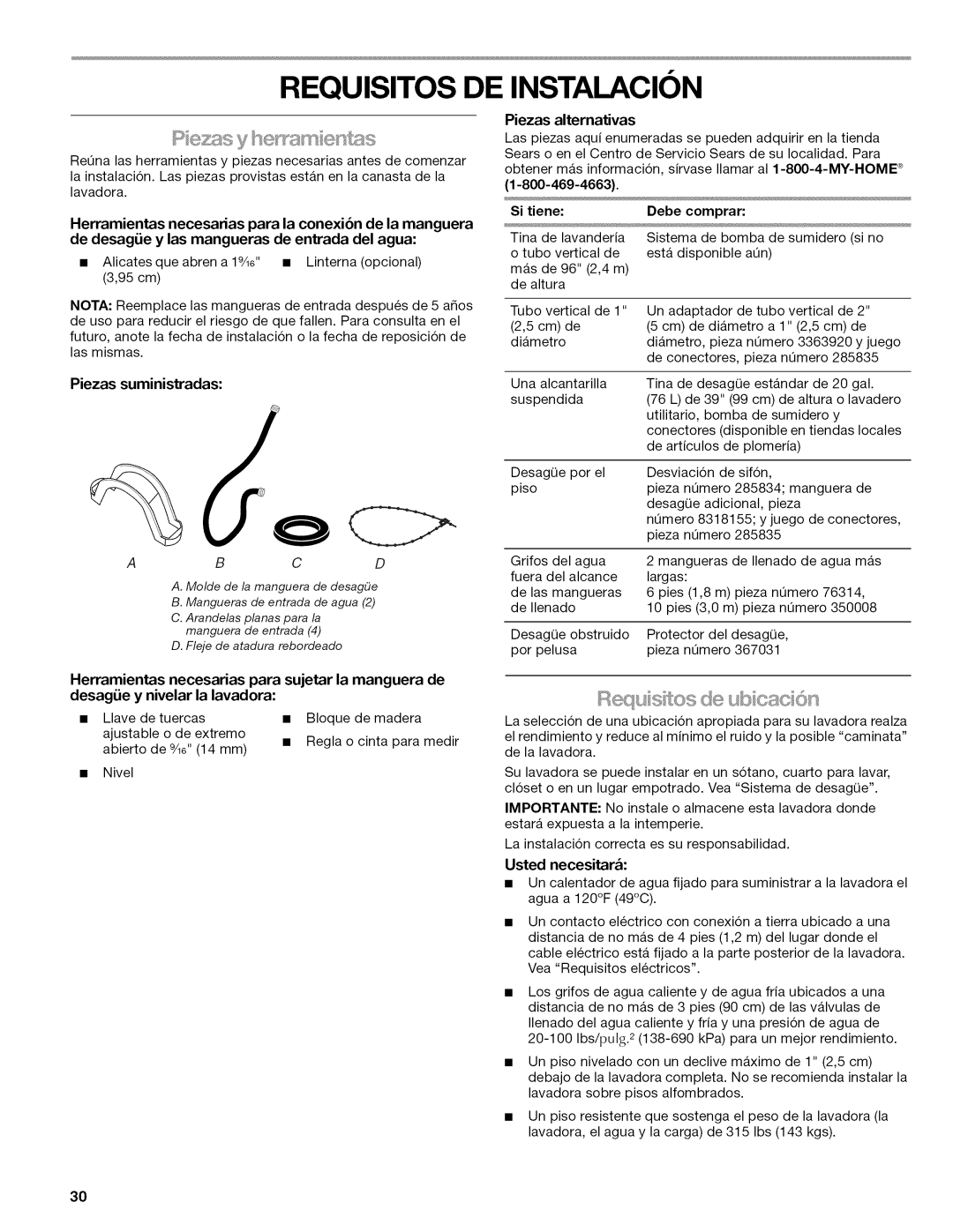 Kenmore W10026626B manual Requisitos DE Instalacion, Ses sn, Piezas suministradas 