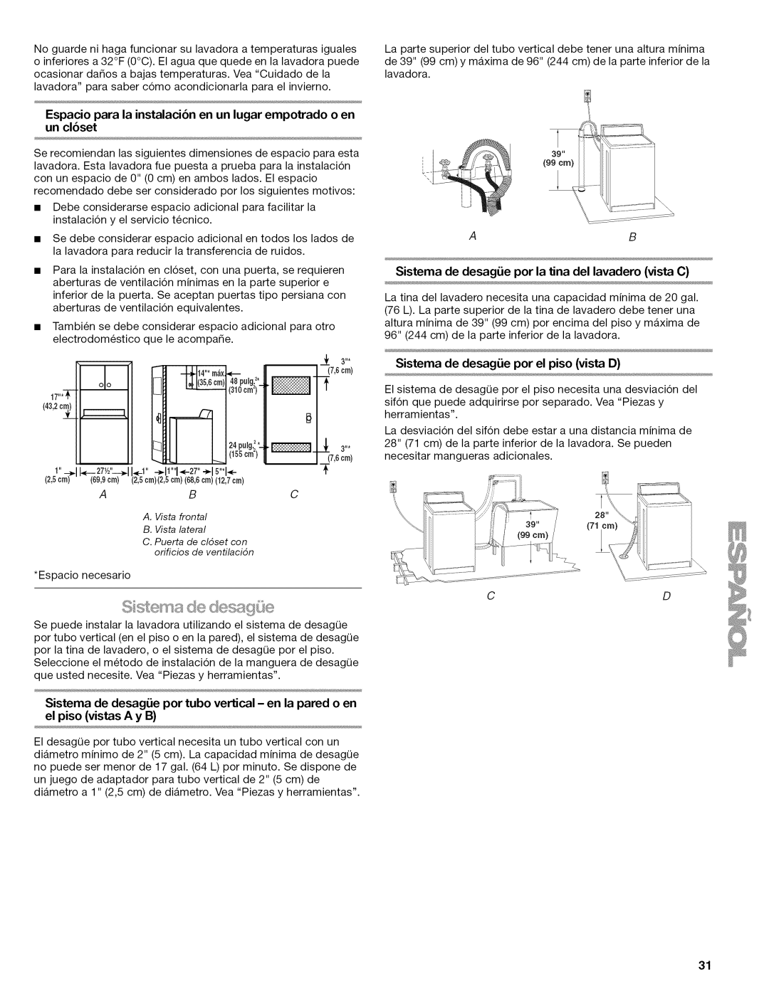 Kenmore W10026626B manual Ems de desaqCie, Sistema de desagLie por la tina del lavadero vista C 