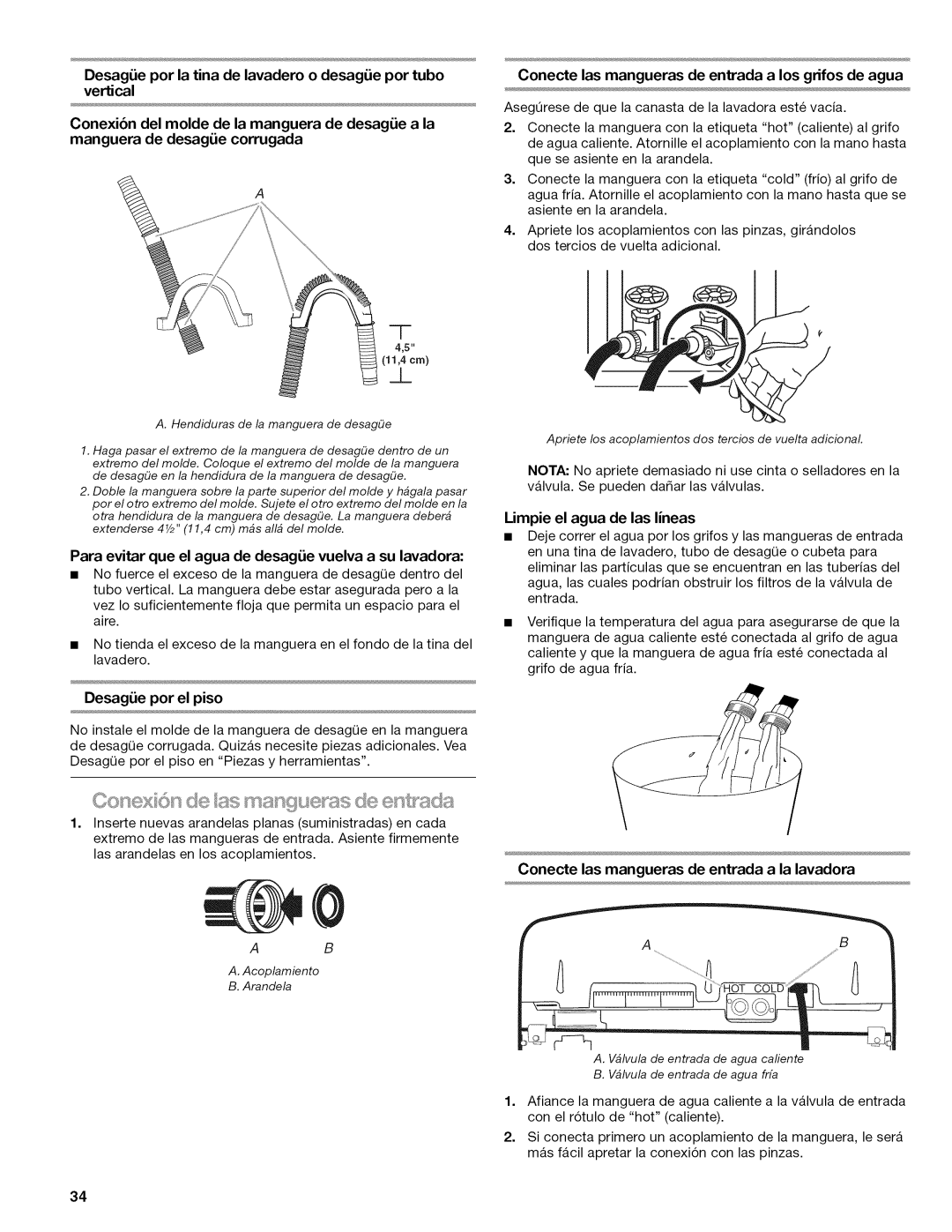 Kenmore W10026626B manual DesagLie por el piso, Conecte las mangueras de entrada a la lavadora 