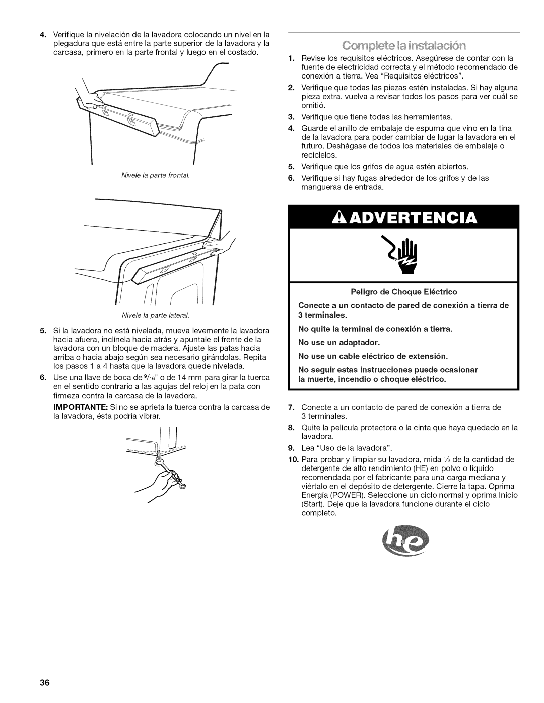 Kenmore W10026626B manual Peligro de Choque EI6ctrico 