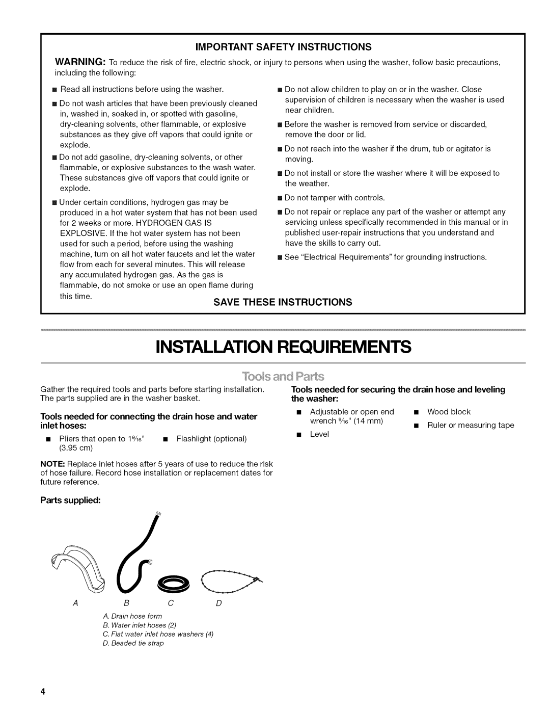 Kenmore W10026626B manual Installation Requirements, Explosive 