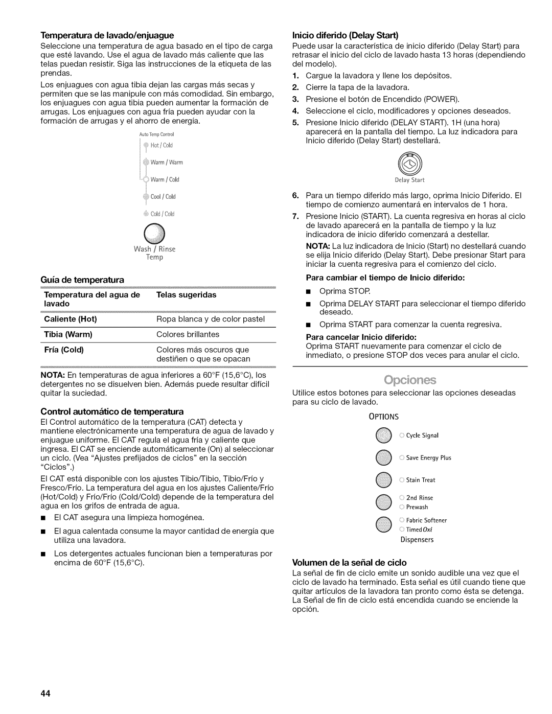 Kenmore W10026626B manual Temperatura de lavado/enjuague, Volumen de la serial de ciclo 