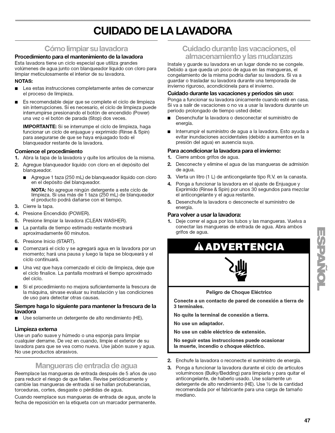 Kenmore W10026626B Cuidado DE LA Lavadora, Procedimiento para el mantenimiento de la lavadora, Comience el procedimiento 