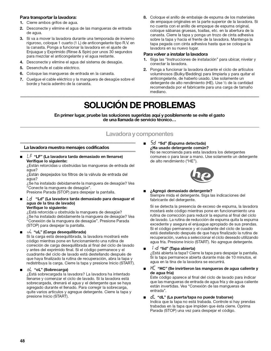 Kenmore W10026626B manual Solucion DE Problemas 