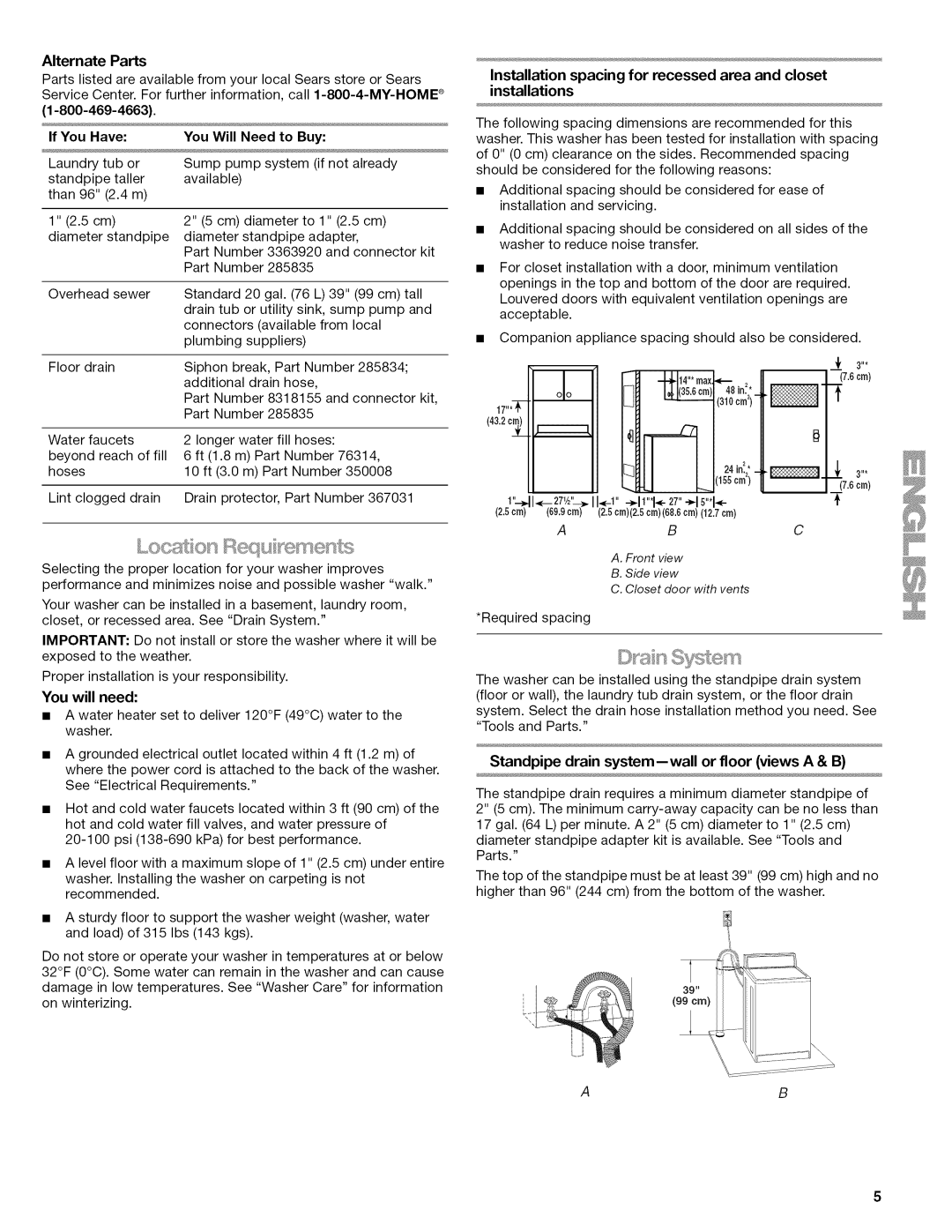 Kenmore W10026626B Alternate Parts, If You Have You Will Need to Buy, Standpipe drain system--wall or floor views a & B 