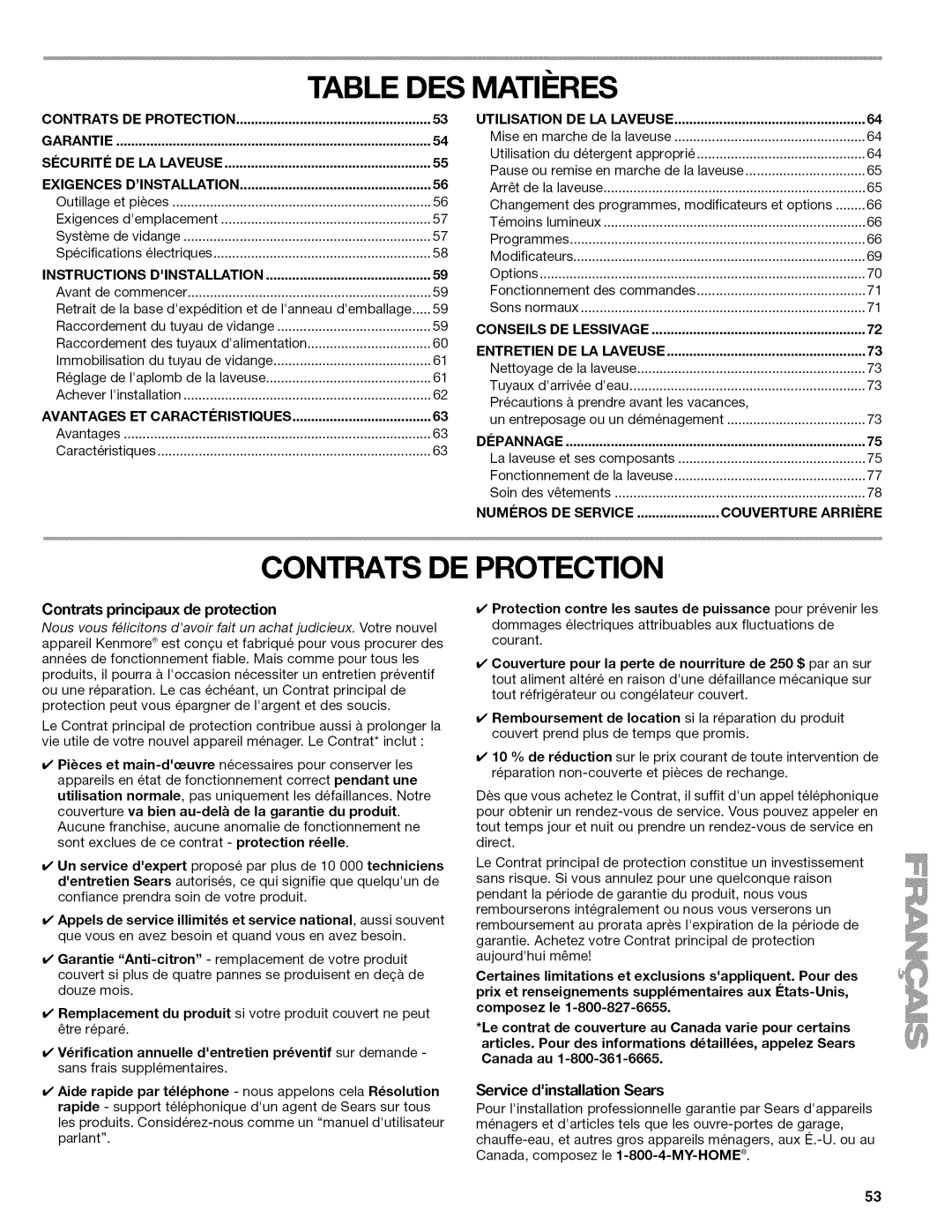 Kenmore W10026626B manual Table DES Matii RES, Contrats DE Protection 