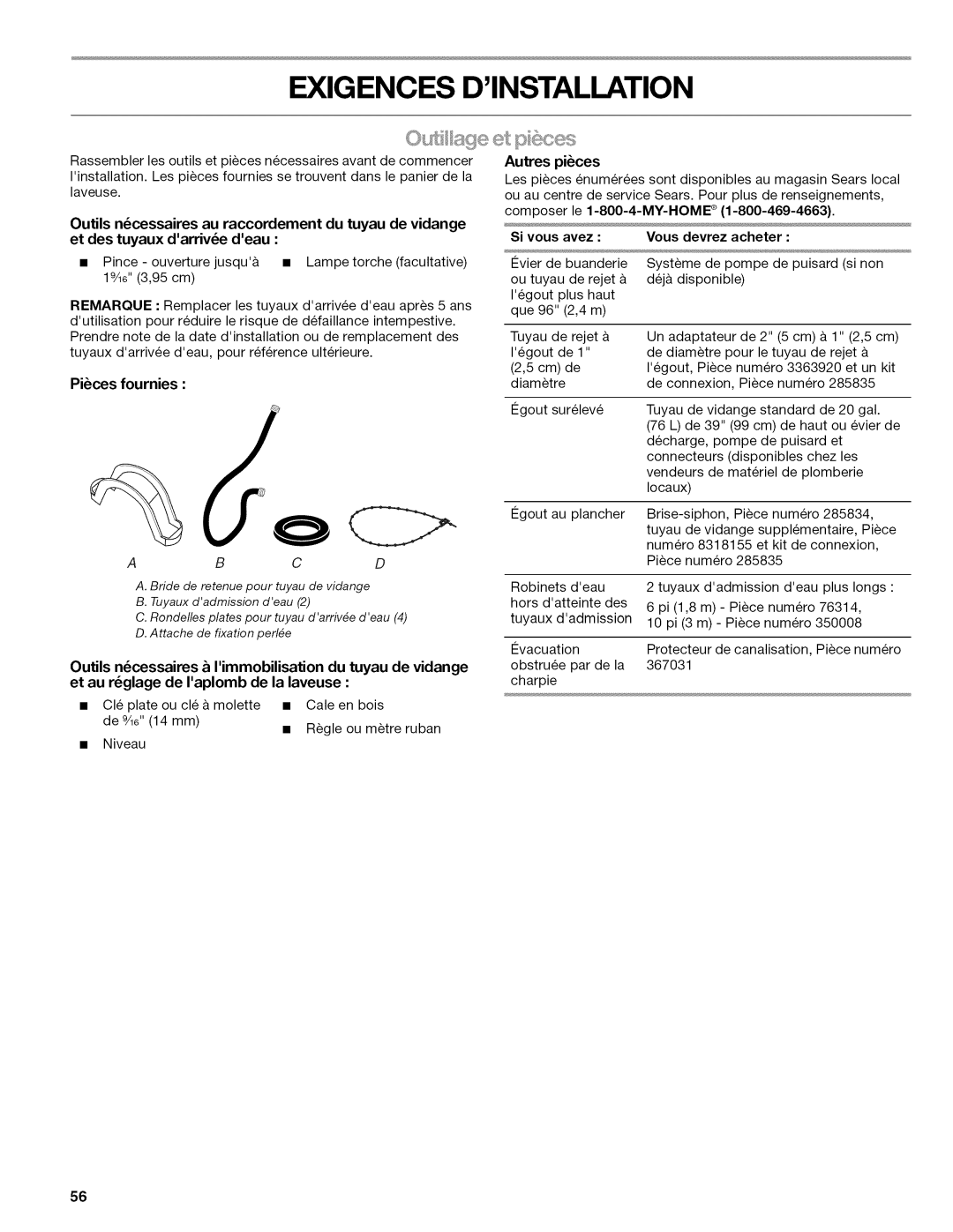 Kenmore W10026626B manual Exigences Dinstallation, Pices fournies, Autres pices, Si vous avez Vous devrez acheter 