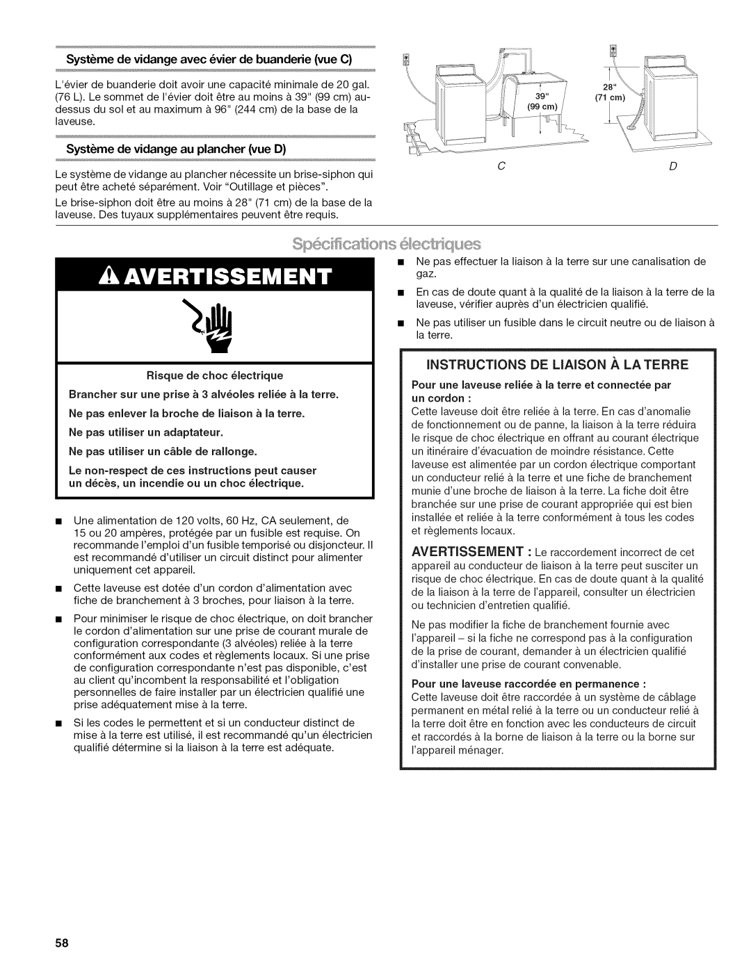 Kenmore W10026626B manual Systme de vidange au plancher vue D, Systme de vidange avec vier de buanderie vue C 