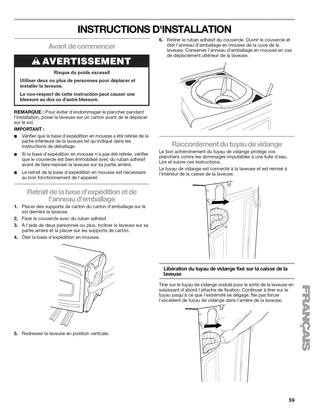 Kenmore W10026626B manual Instructions Dinstallation, Risque du poids excessif 