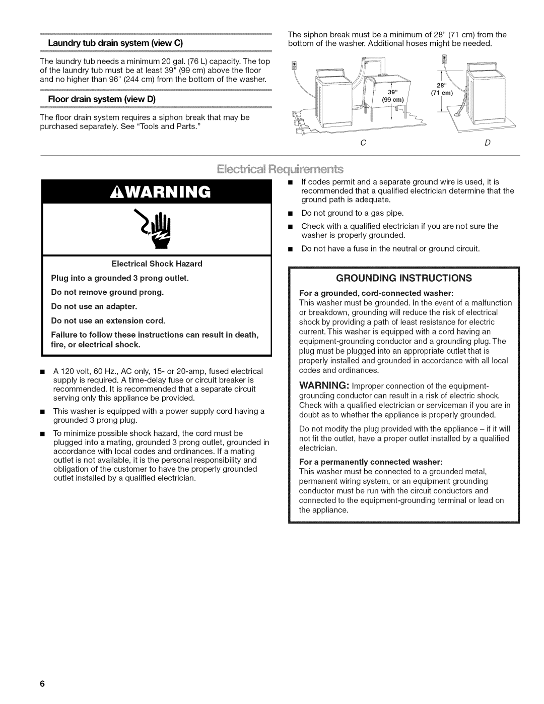 Kenmore W10026626B manual Grounding iNSTRUCTiONS, Laundry tub drain system view C, Floor drain system view D 