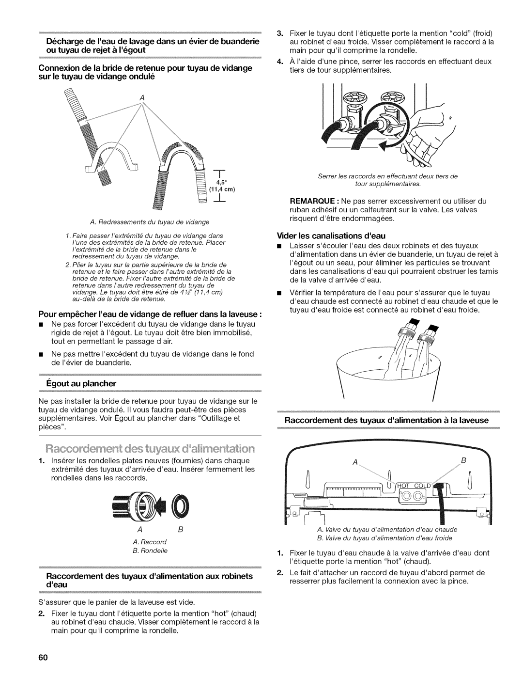 Kenmore W10026626B manual Racc£ie J se t des tuy ux d a ruests @s, Raccordement des tuyaux dalimentation & la laveuse 