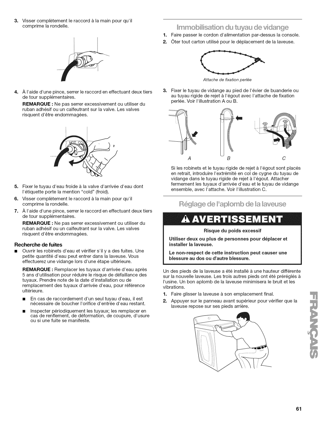 Kenmore W10026626B manual Ress se se s oomb Sveuse, Recherche de fuites 