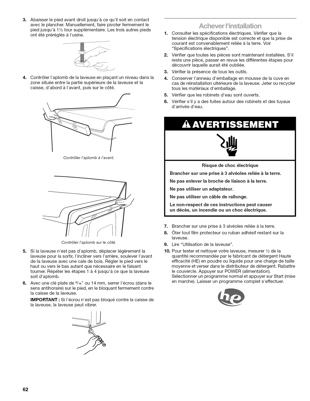 Kenmore W10026626B manual IS@J@ !Stiis 3£, Contr61erIaplomb sur le c6t 