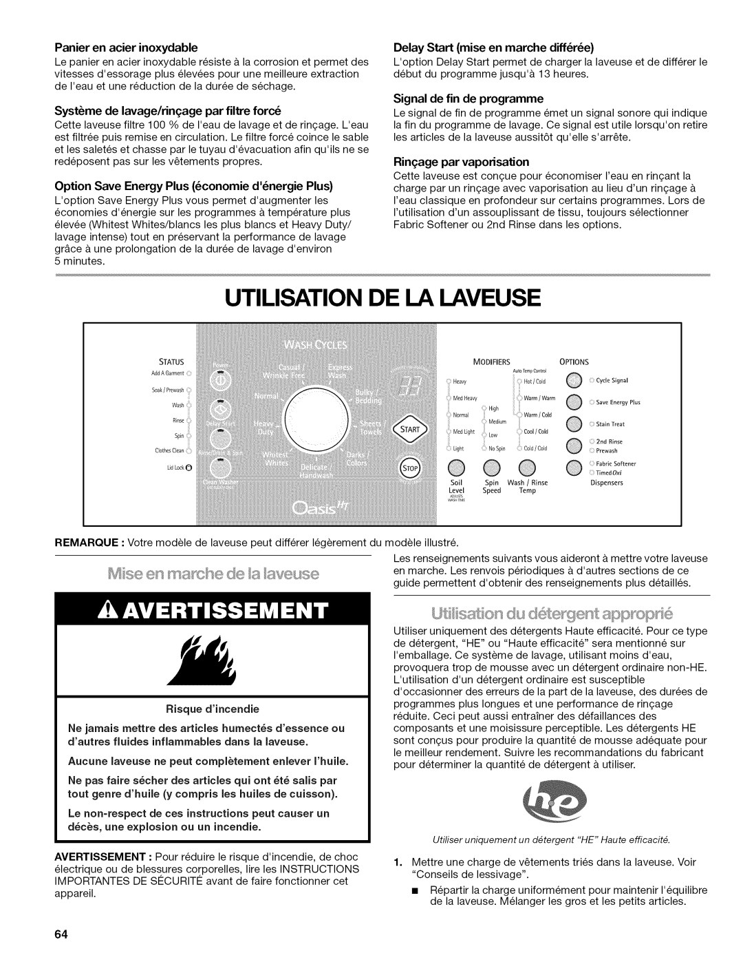 Kenmore W10026626B manual Utilisation DE LA Laveuse 