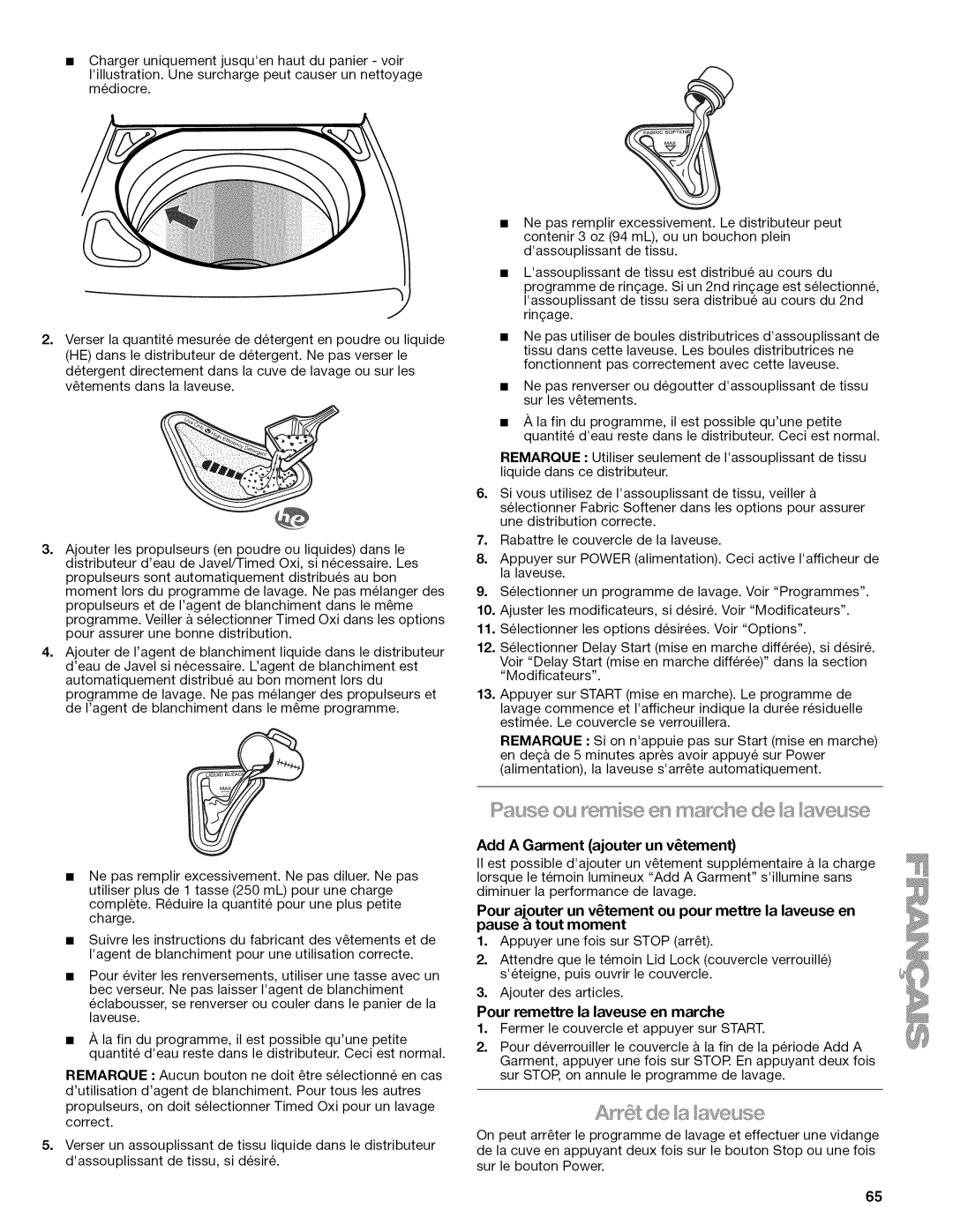 Kenmore W10026626B manual I8 18 lw,,,=c@, Add a Garment ajouter un v6tement, Pour remettre la laveuse en marche 