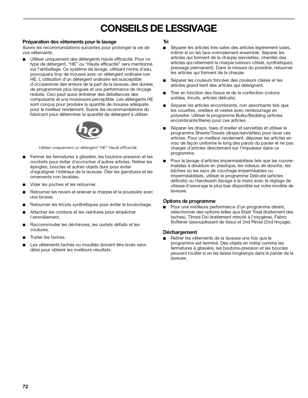 Kenmore W10026626B manual Conseils DE Lessivage, Preparation des vtements pour le lavage, Options de programme, Dchargement 