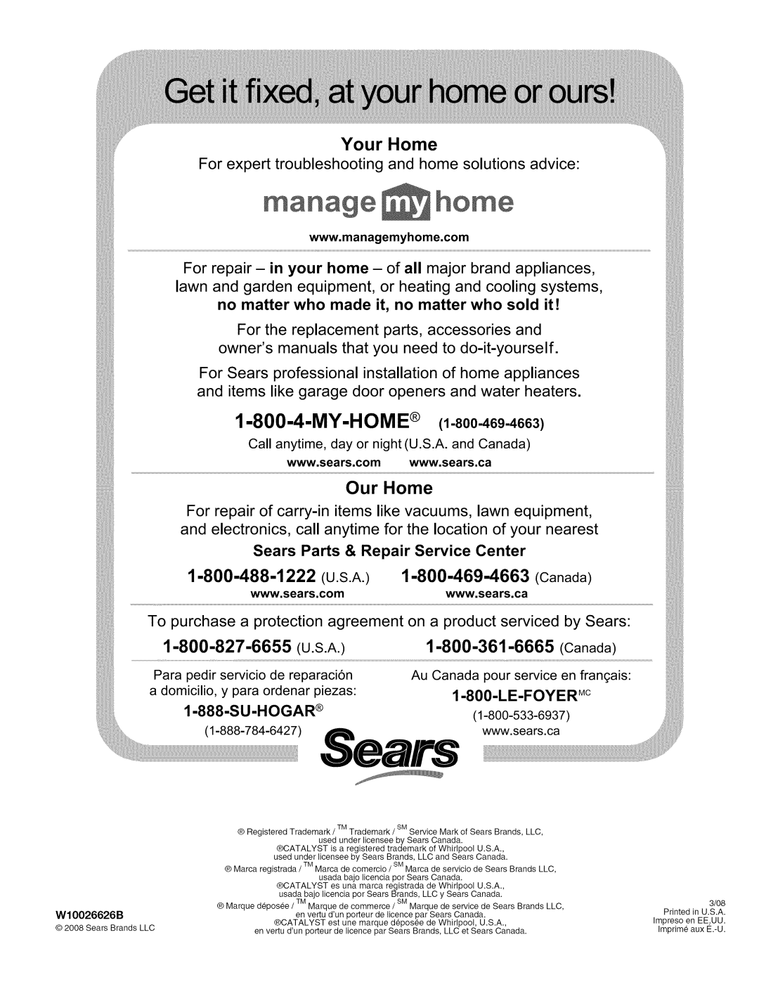 Kenmore W10026626B manual Sears 