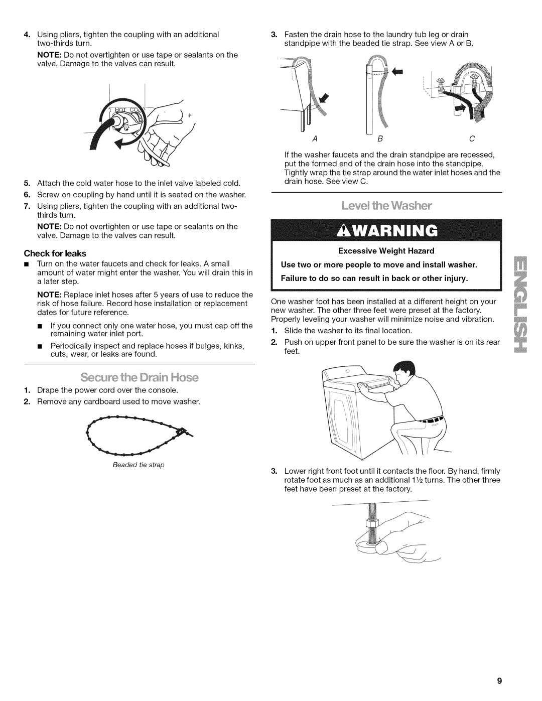 Kenmore W10026626B manual Lew e e, Check for leaks 