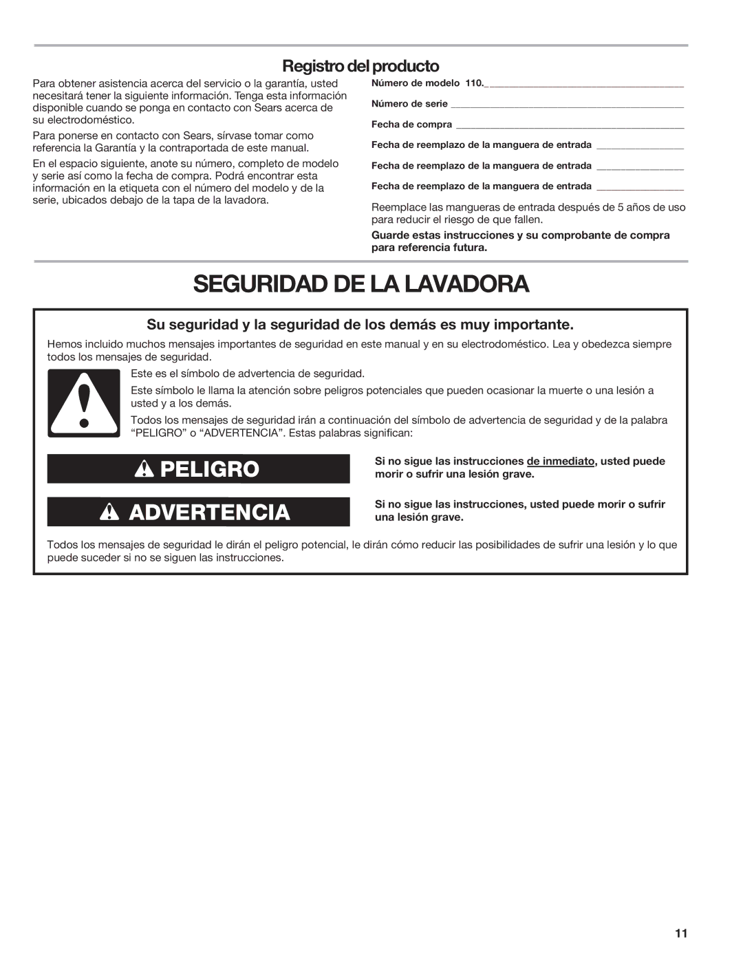 Kenmore W10026670A manual Seguridad DE LA Lavadora, Registro del producto 