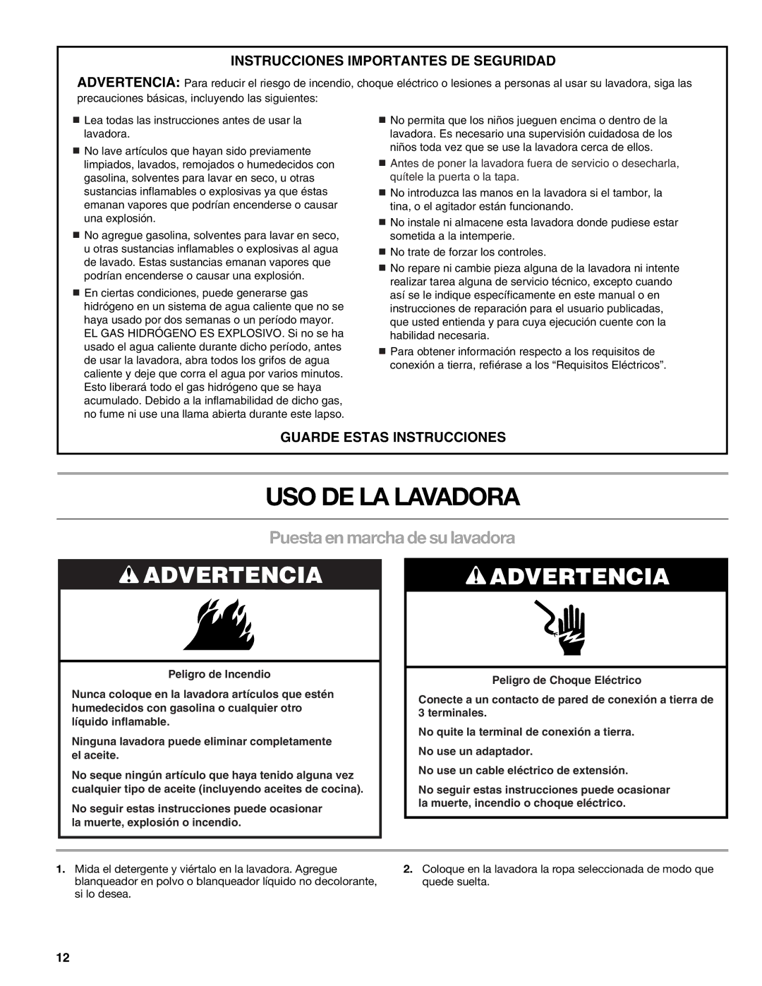 Kenmore W10026670A manual USO DE LA Lavadora, Puesta en marcha de su lavadora 